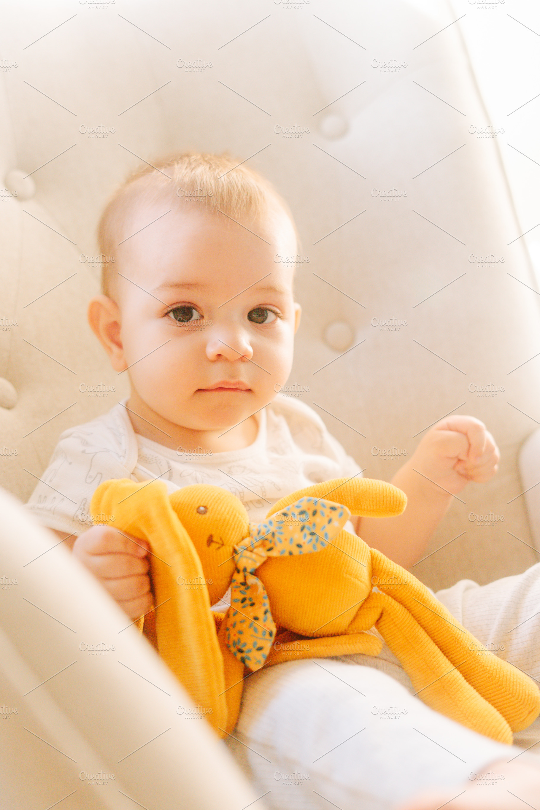 Portrait of a nine month old baby with a stuffed bunny sitting in a rocking cha, a Person Photo by rubenchase