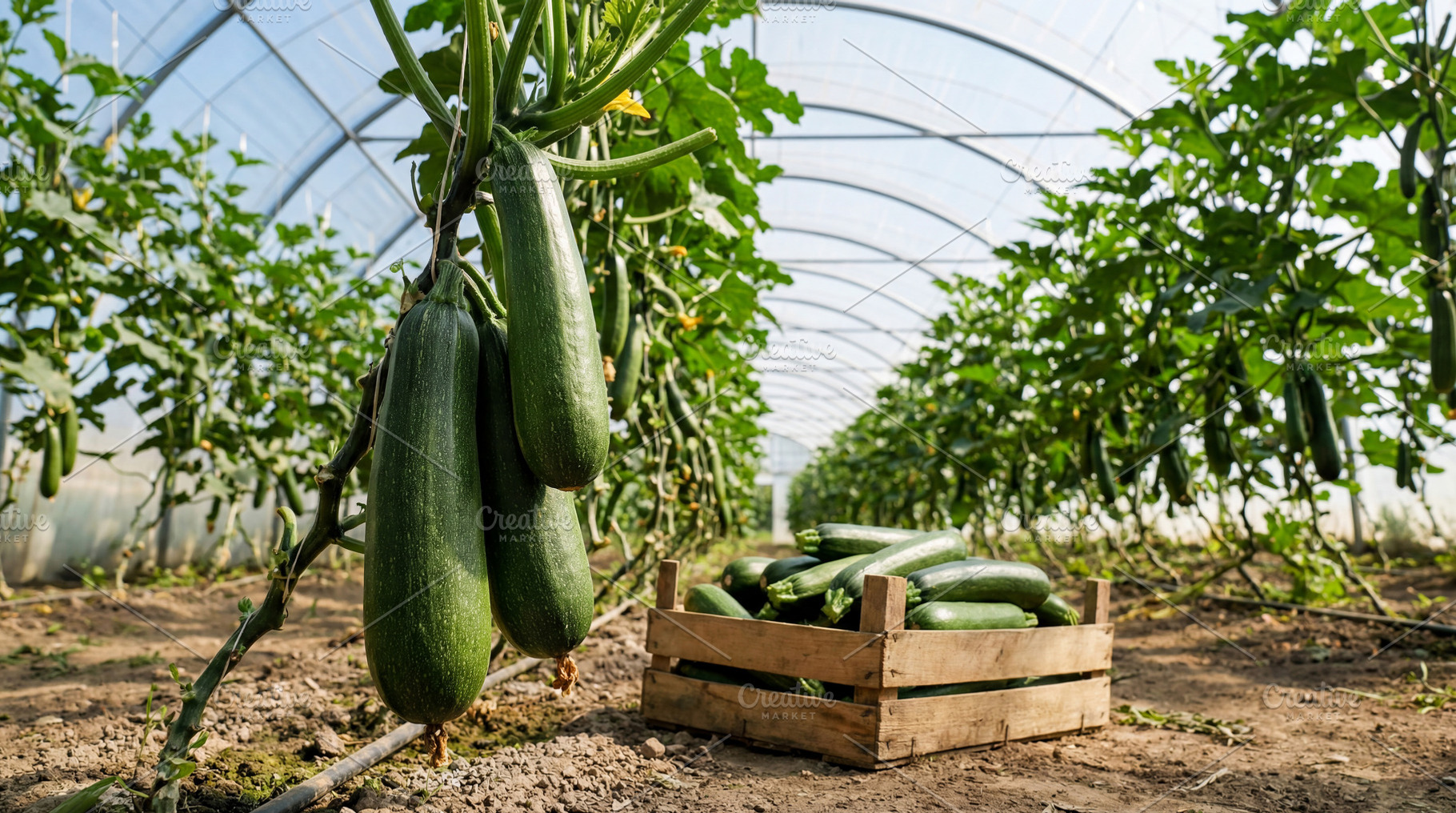 Ripe zuccini growing on plants, a Food & Drink Photo by Volff