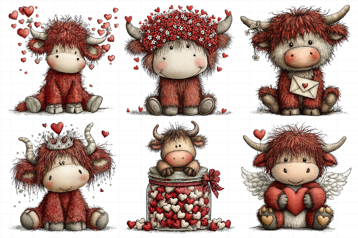 Whimsical Valentine-highland Cow Cli, an Illustration by Daily.Designs (Photo 3 of 8)