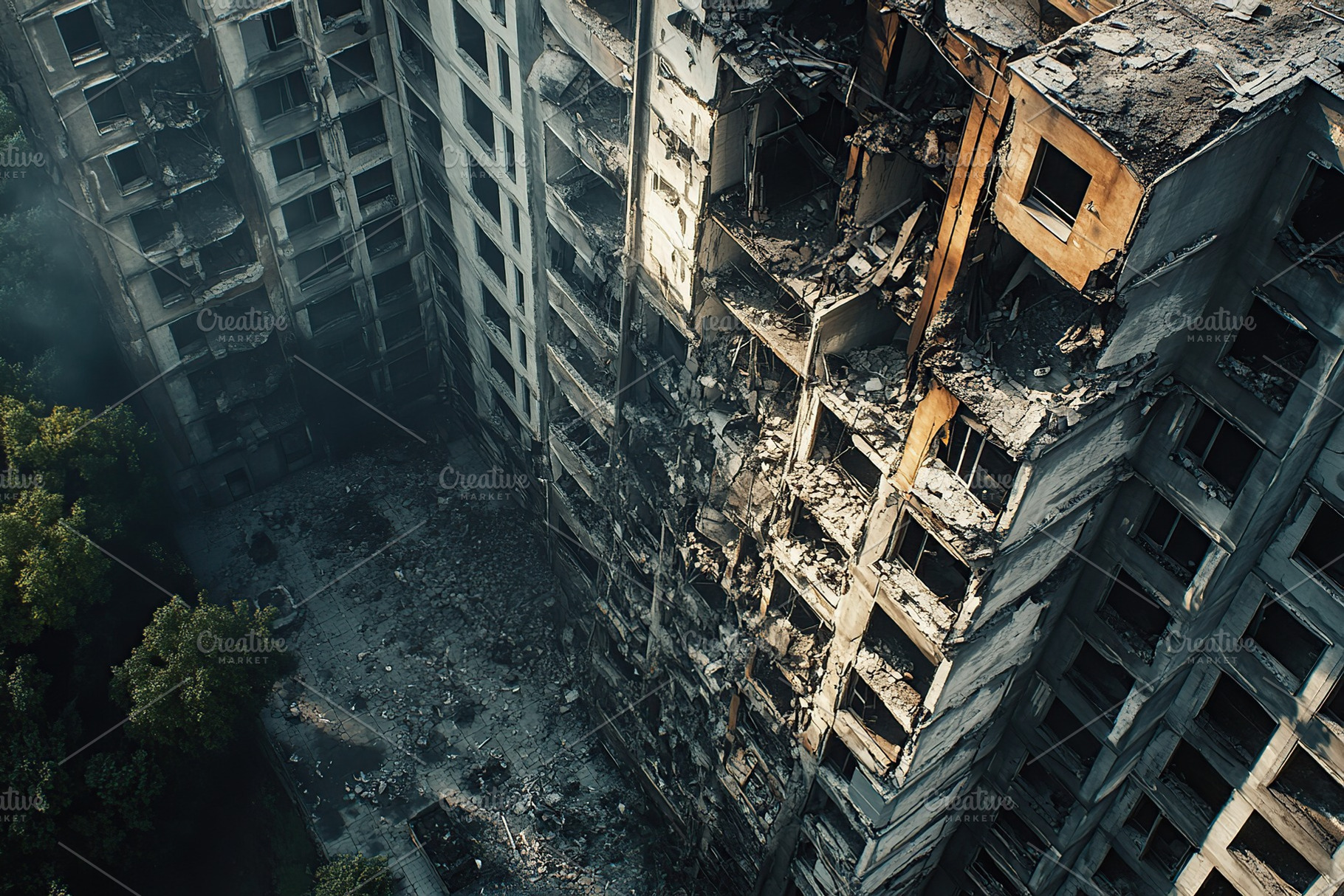 Destroyed apartment building after drone attack, military missile ...