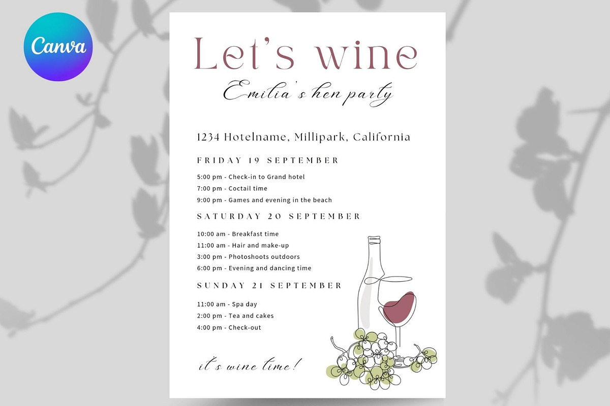 Lets wine Bachelorette schedule plan, an Invitation Template by EvaTemplates (Photo 3 of 4)