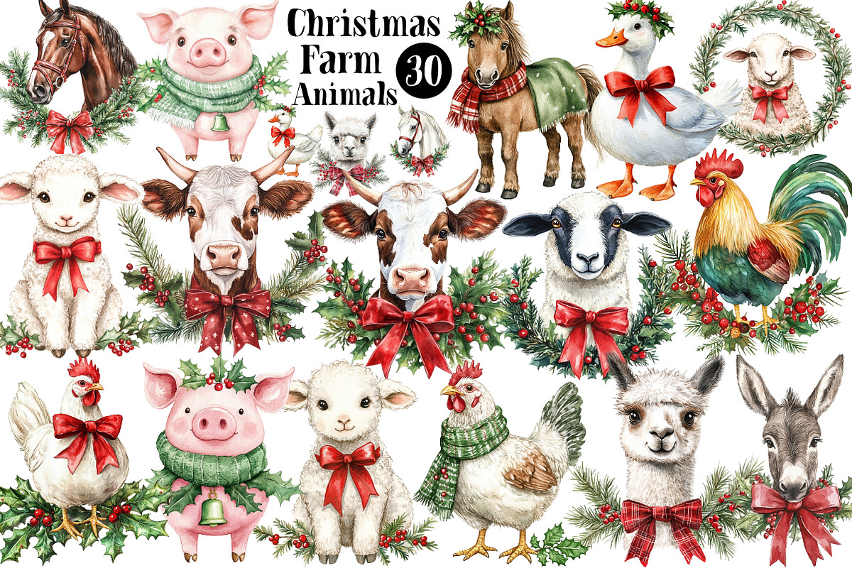 Christmas Farm Animals Clipart, a Seasonal Illustration by CitraGraphics (Photo 1 of 7)