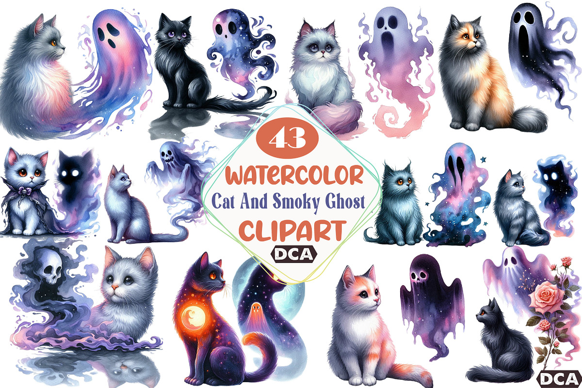Halloween Cat And Smoky Ghost Clipar, an Illustration by DreamCafeArt (Photo 1 of 7)