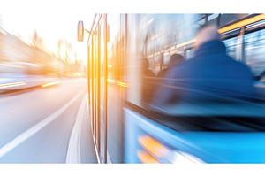 Blurred motion of city bus at sunset, a Transportation Photo by Lermont51