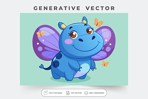 A cute hippo butterfly character smi, a Graphic by Iftikhar Alam