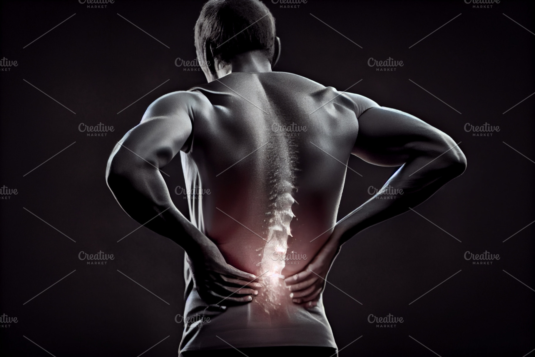 Concept photo of man suffering from back pain, a Person Photo by New York Art Store