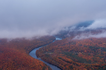 Aerial view on Delaware river in fog