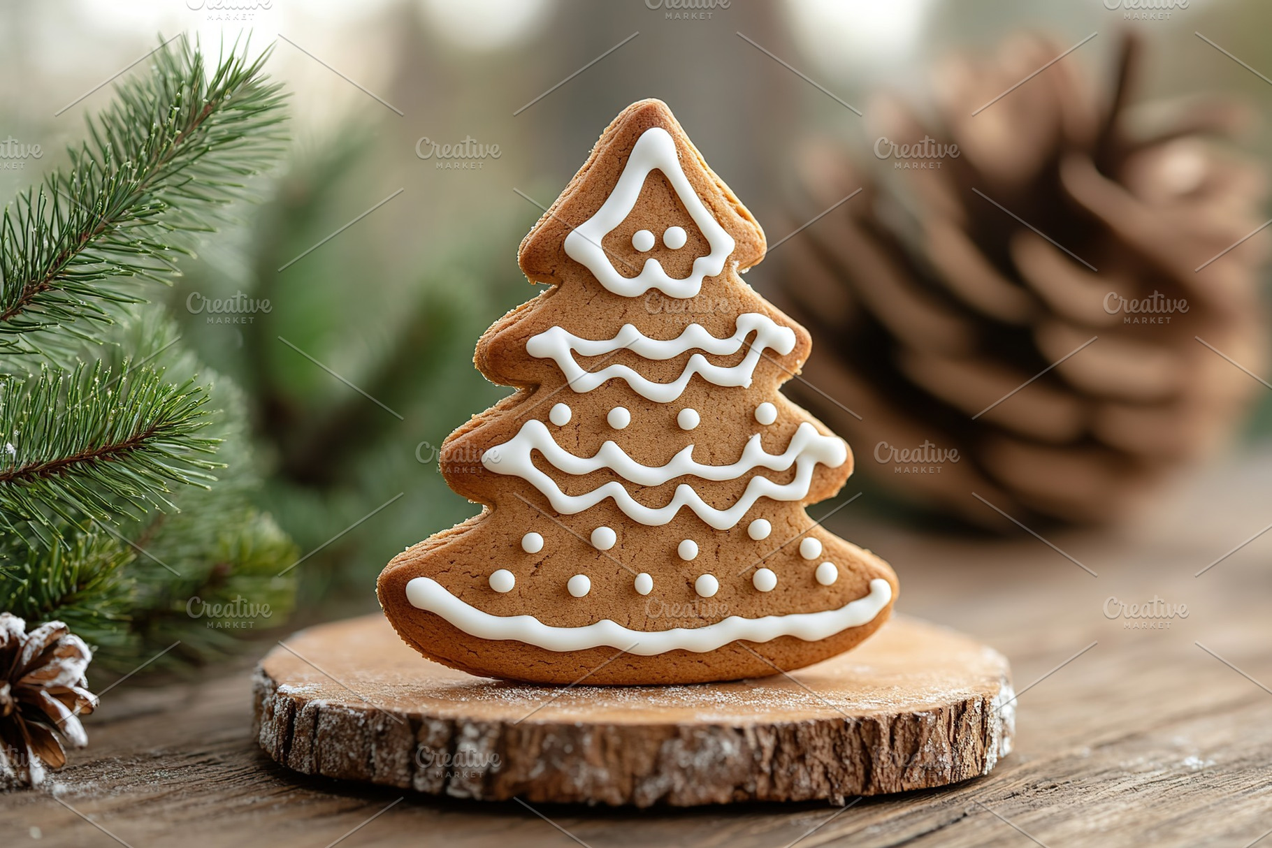 Christmas gingerbread fir tree cookie on wooden table, a Food & Drink Photo by AlyaAnd