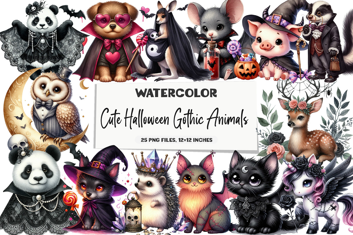 Cute Halloween Gothic Animals Clipar, an Illustration by DreamArtGraphic (Photo 1 of 4)