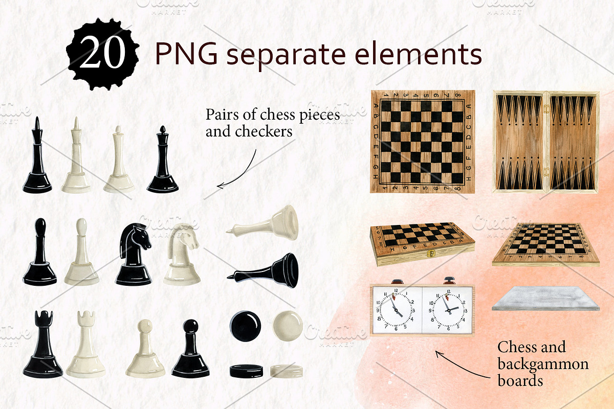 Chess Checkers Backgammon Clipart, a Sport Illustration by Elena Malgina Clipart (Photo 2 of 11)