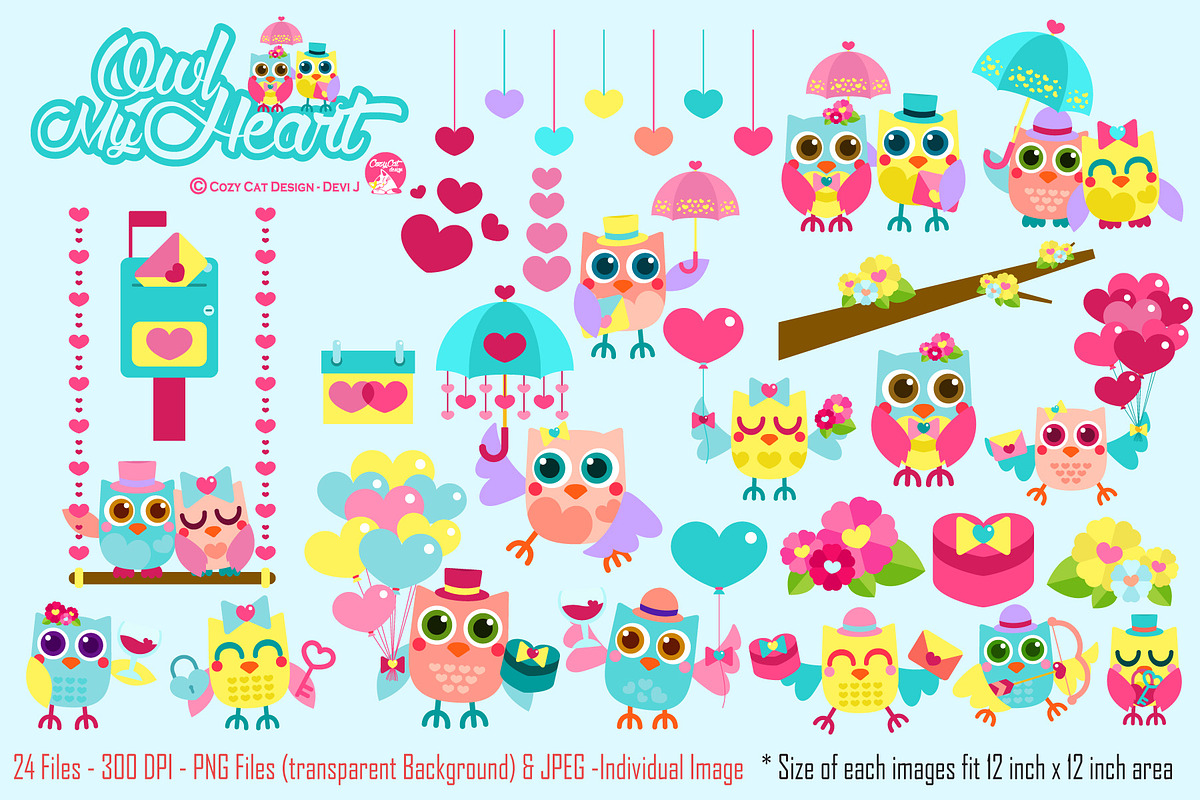 Owl My Heart Digital Clipart, a Seasonal Illustration by Cozy Cat Design (Photo 1 of 6)