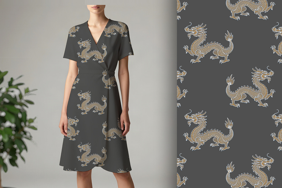 Gold Dragon on Grey Seamless Pattern, a Pattern Graphic by Sharon Schwalbe (Photo 1 of 7)