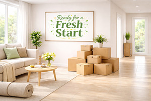 Spring cleaning scene with moving bo, a Photo by Dvoevnore photos
