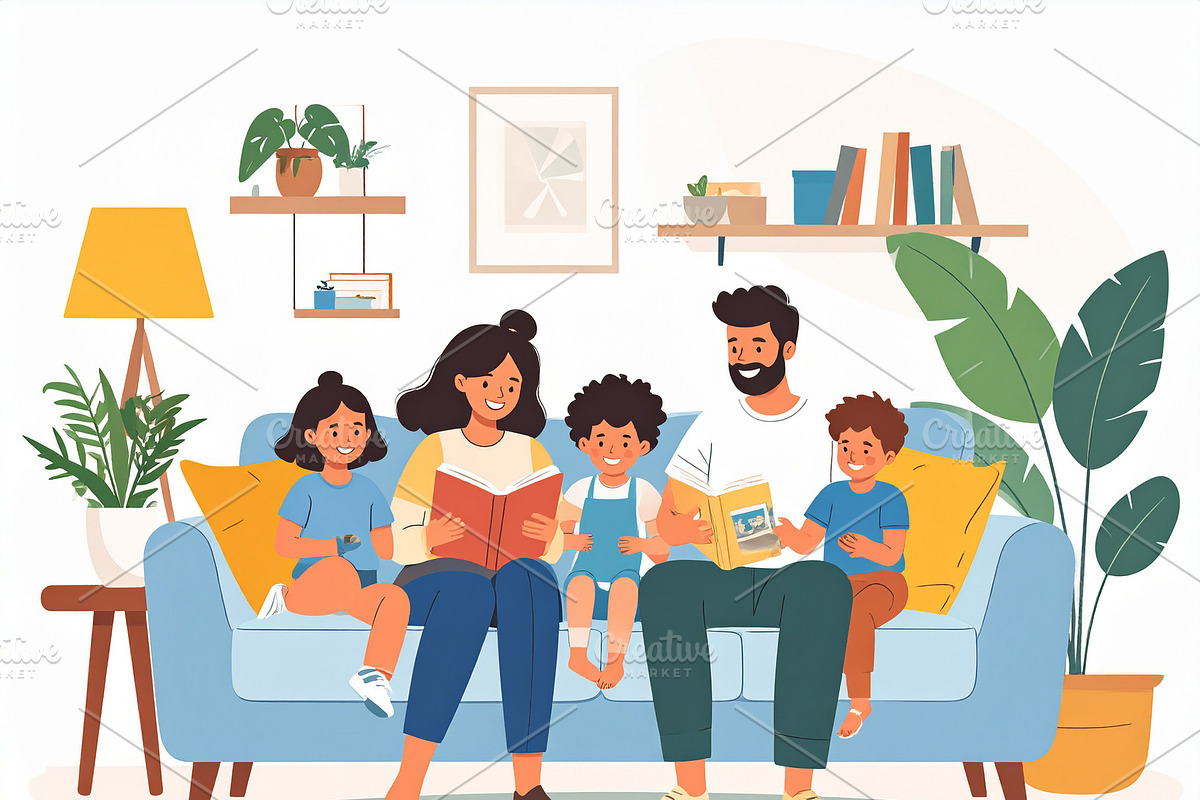 Happy family spending time together reading inside their home, a Person Illustration by DanFLCreativo