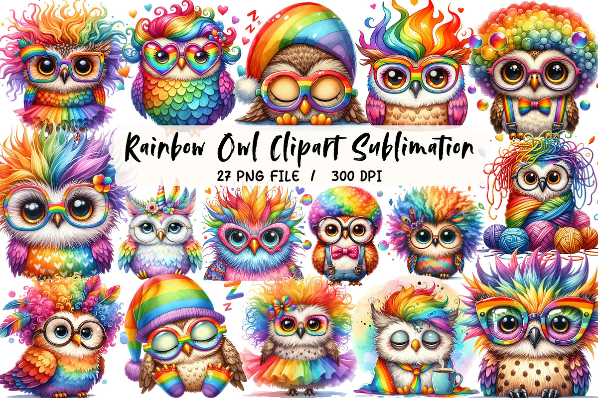 Rainbow Owl Clipart Sublimation, an Illustration by Libby Wishes (Photo 1 of 4)