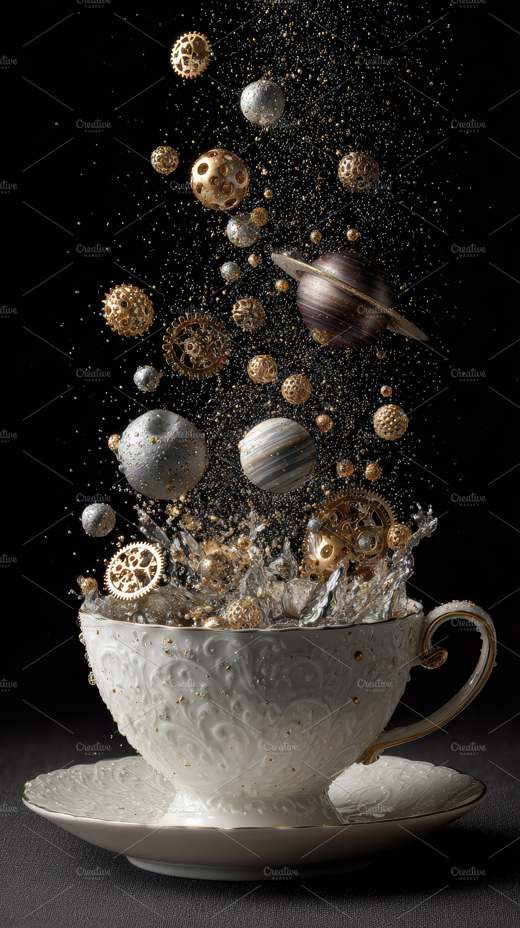 Celestial Teacup Gold Silver Planets, a Photo by Pixeness Studio