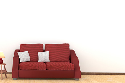 Modern interior design of living room with red sofa on wooden fl, an Architecture Photo by Ministocker