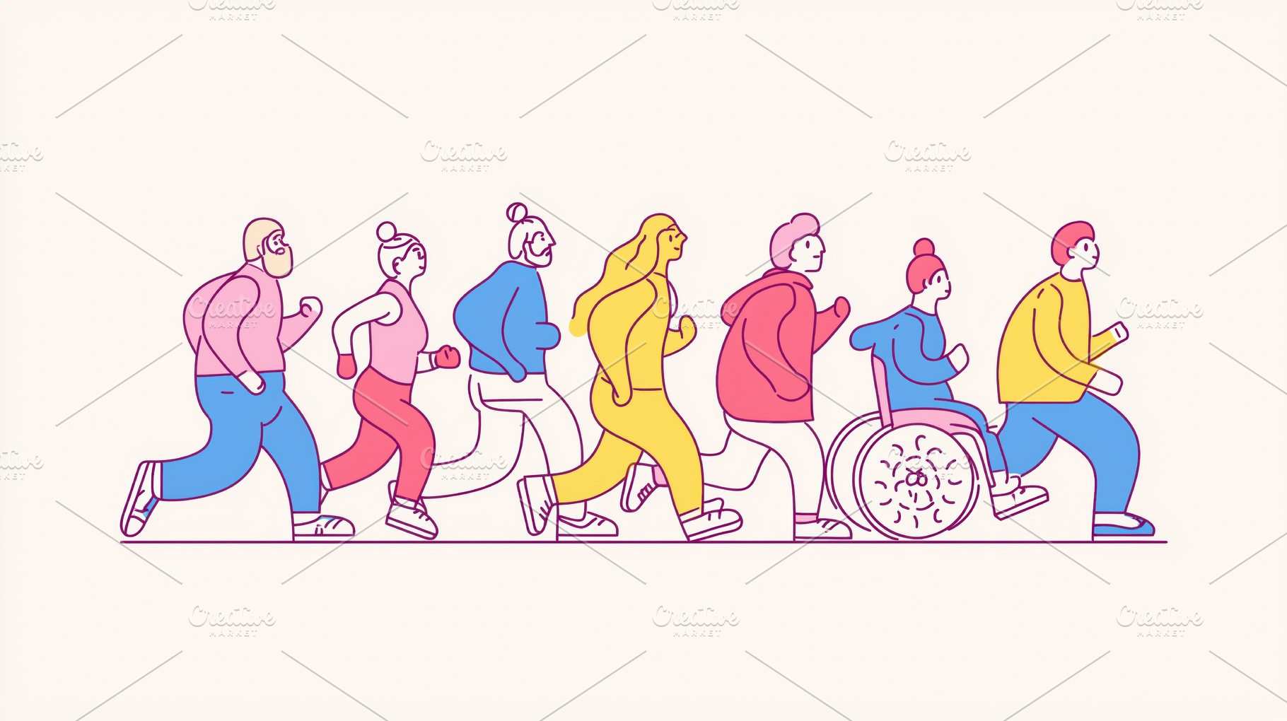 A diverse group of people running, including individuals of various body types, a Person Photo by Textures & Backgrounds