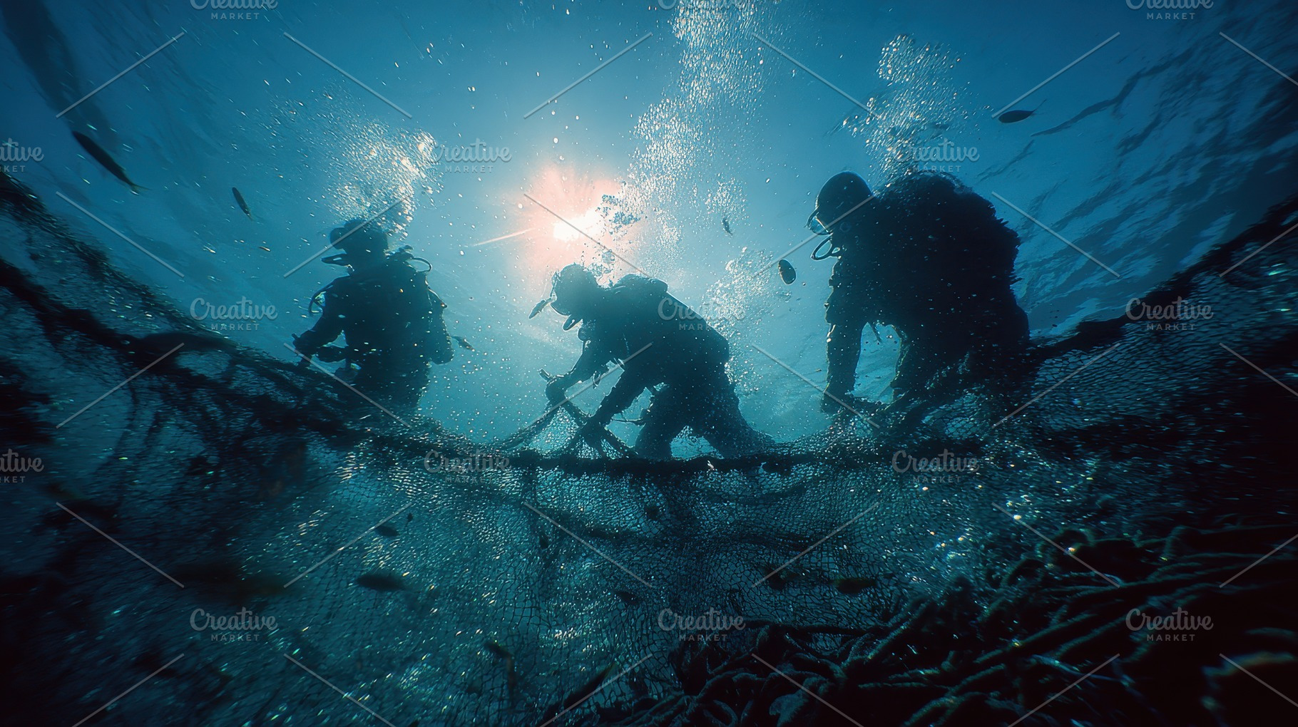 Scuba Divers Working Underwater Nett, a Photo by Pixeness Studio