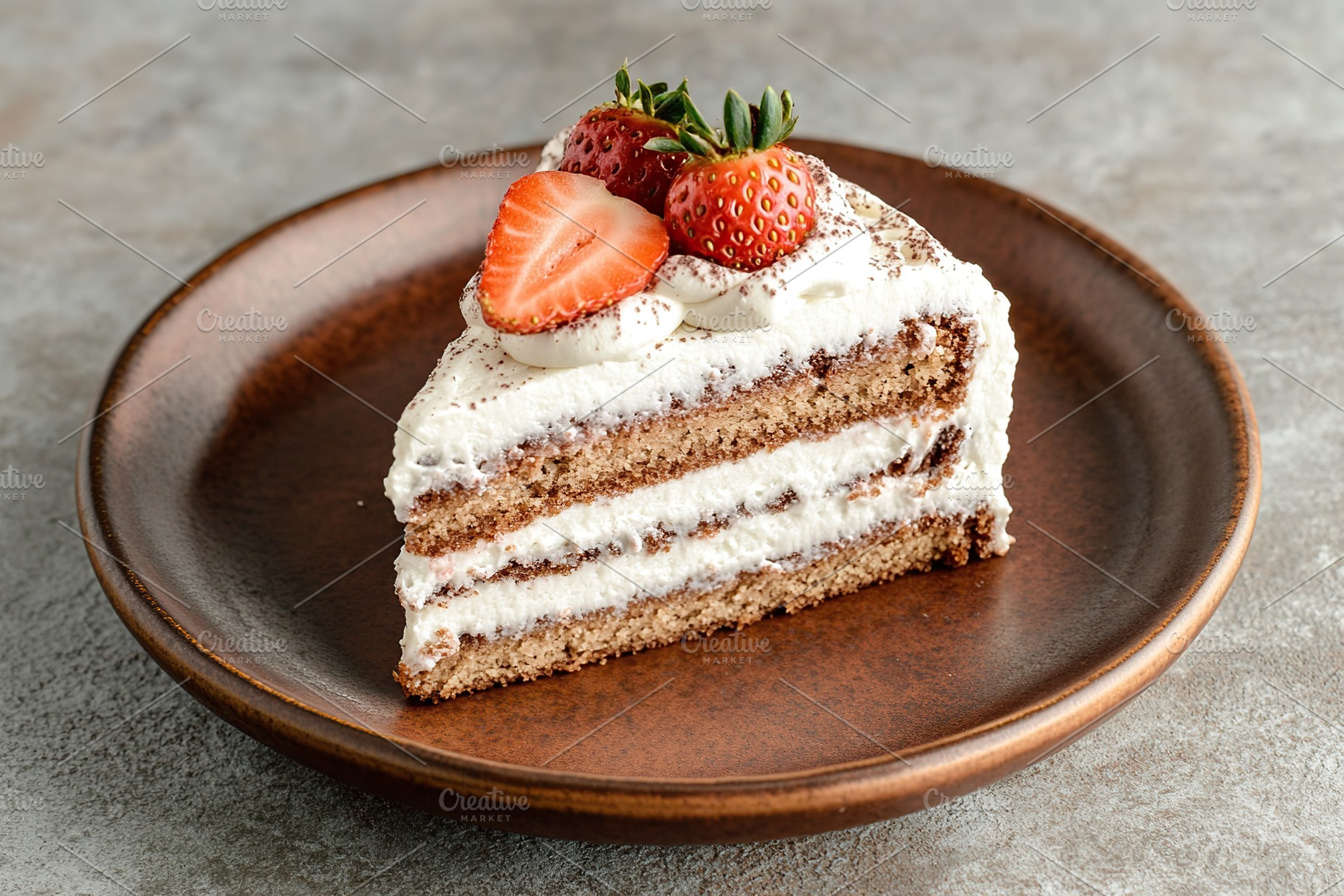 Delicious piece of cake with frosting cream, a Food & Drink Photo by AlyaAnd