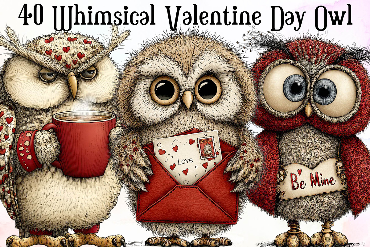 Whimsical Valentine Day Owl Clipart, an Illustration by Sublimation Artist (Photo 1 of 6)