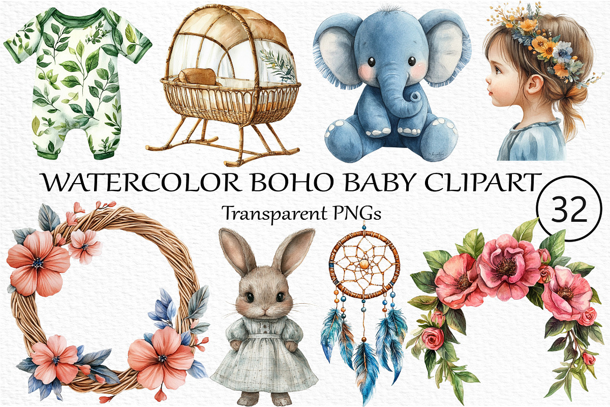 Watercolor Boho Baby Clipart Bundle, an Illustration by Craft Nest (Photo 1 of 6)
