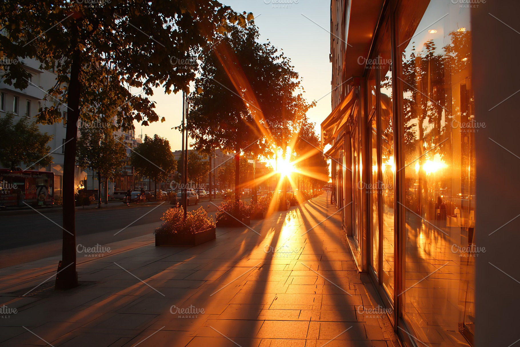 Beautiful sunset casts golden rays down a city sidewalk lined with trees and st, a Photo by AlyaAnd