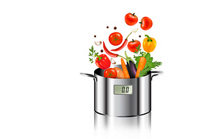 Vegetables falling into a pot. Vecto, an Illustration by ecco