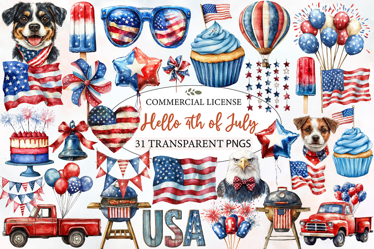 Hello 4th of July Watercolor Clipart, an Illustration by Designworld (Photo 1 of 7)