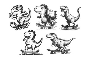 Skateboarding Dinosaurs set vector, an Animal Illustration by AlexArt