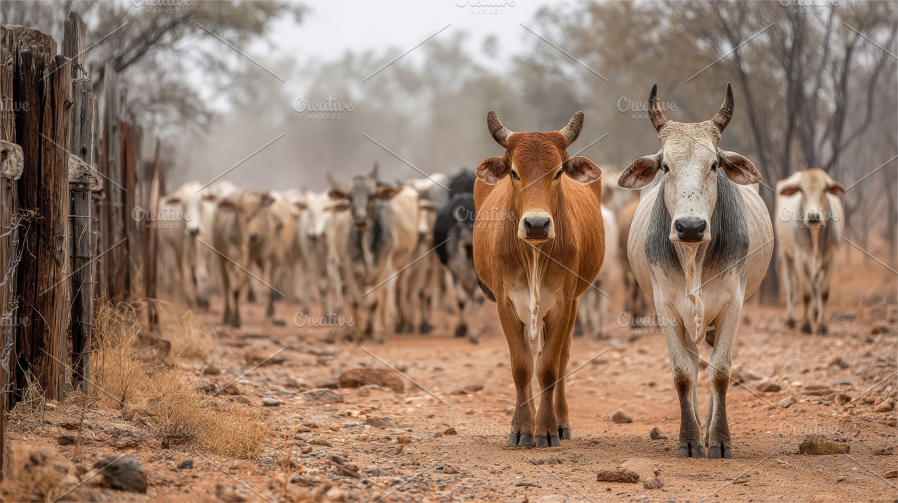 Cattle herd walking dusty path outba, a Photo by Pixeness Studio