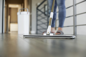 Woman mopping, wiping floor in modern home setting, a Person Photo by Lenor4ik