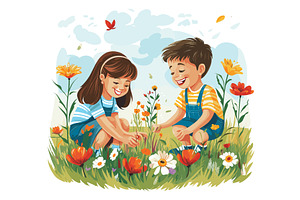 Happy children playing in grass, a Graphic by LadadikArt