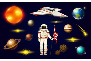 Astronaut Spaceman. Planets In Solar System. Astronomical Galaxy. Cosmonaut Explore Adventure. Space Shuttle, Mars And Sun, Earth And Venus. Banner Or