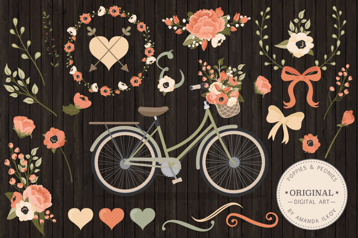 Peach Floral Wedding Bicycle Vectors, an Illustration by Amanda Ilkov (Photo 2 of 5)