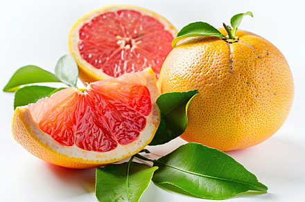 Fresh and tasty grapefruits with green leaves on white background, a Food & Drink Photo by AlyaAnd