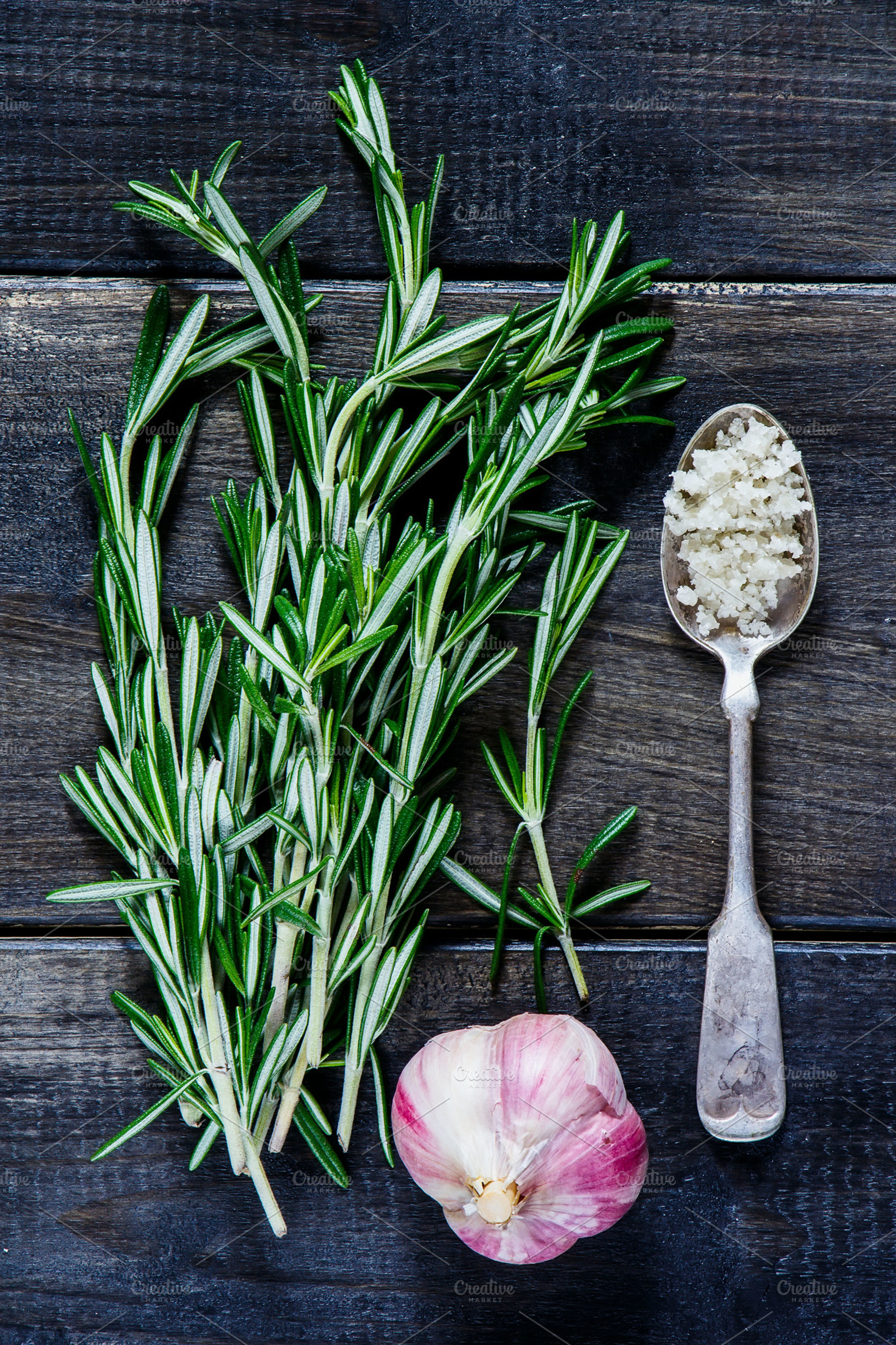 Rosemary and grey salt featuring background, dark, and wooden, a Food & Drink Photo by Yuliya Gontar