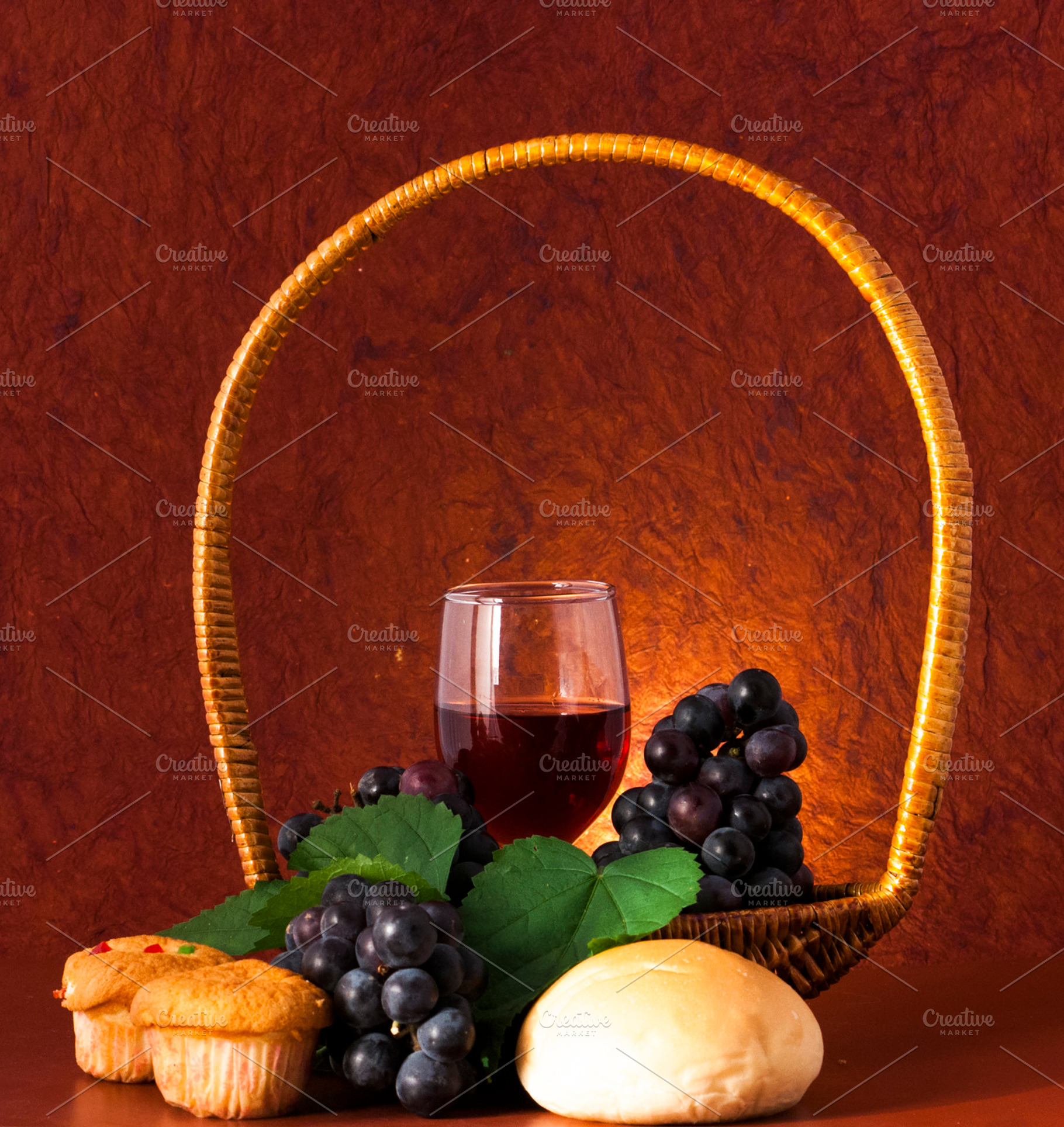 Wine And Grapes In Basket