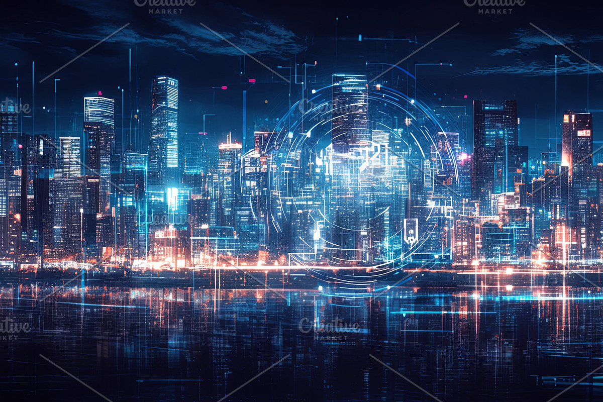 Futuristic smart cityscape with digital technology and neon lights, an ...
