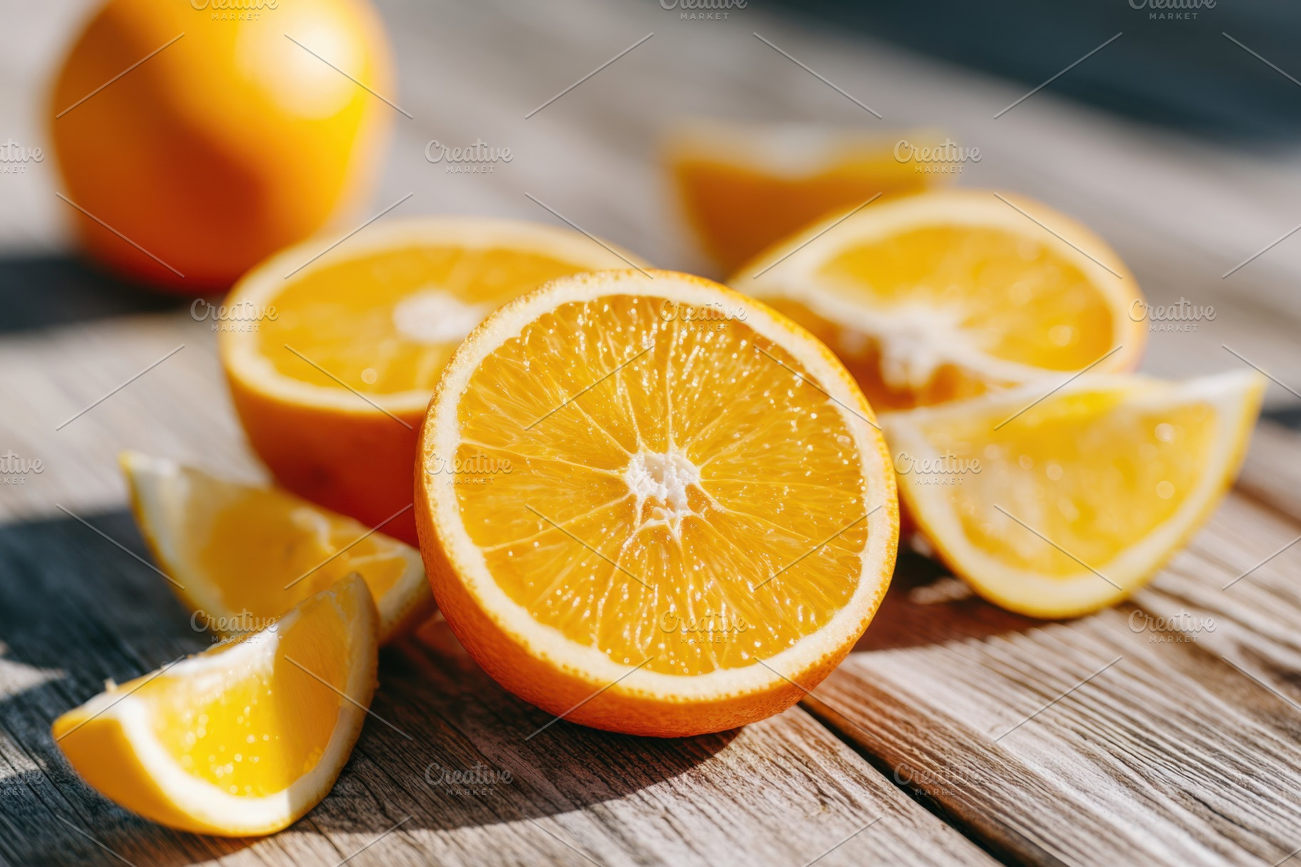 Freshly cut oranges on wooden surface, a Food & Drink Photo by AlyaAnd
