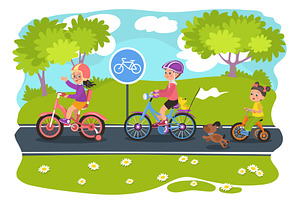 Little girl and boy ride bicycles, an Illustration by Vectorbuum