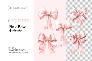 Cute Pink Coquette Bows, 5 PNG's