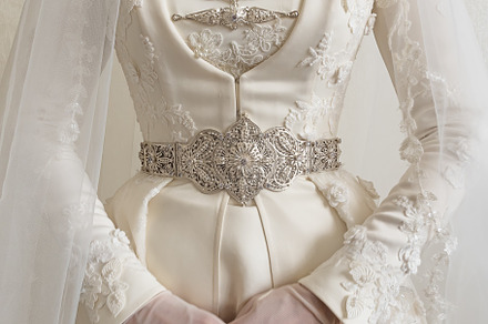 National costume of caucasian bride closeup of a wedding dress wedding gown