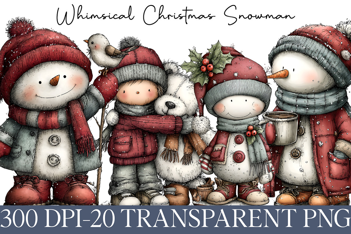 Whimsical Christmas Snowman Clipart, an Illustration by DreamArtGraphic (Photo 1 of 5)