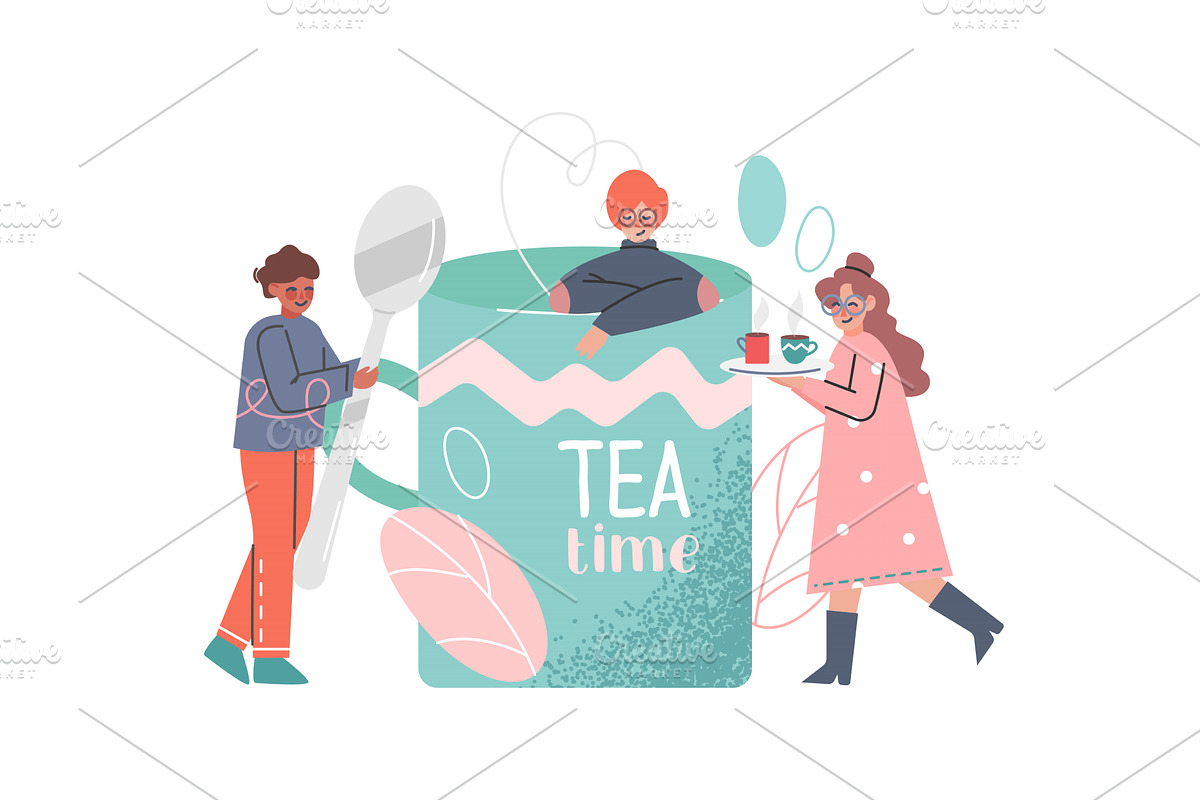 Tea Time Break with Tiny Man and, a Food Illustration by TopVectors