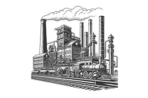 Industrial Factory with Steam Train, an Illustration by AlexArt