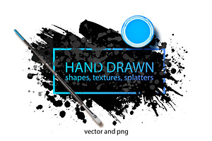 Hand drawn shapes, splatters.
