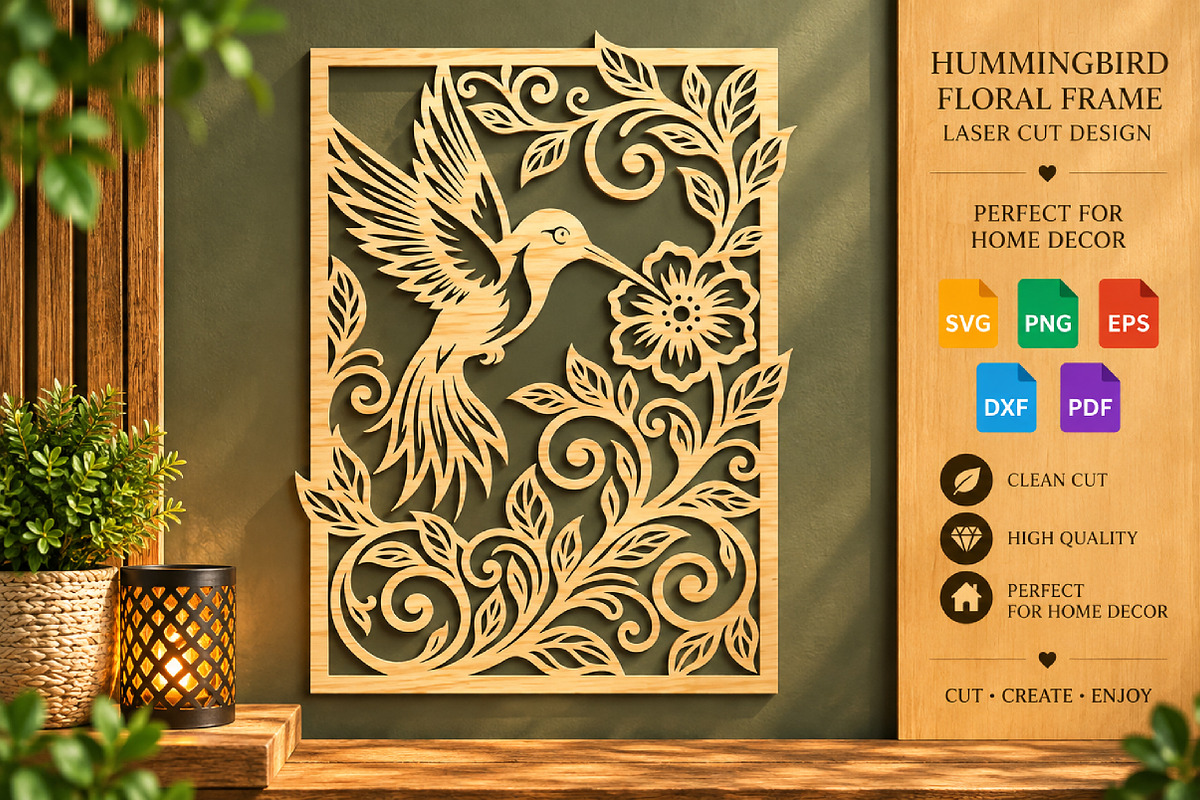 Hummingbird Floral Frame Laser Cut, an Object Graphic by DreamCafeArt (Photo 1 of 3)