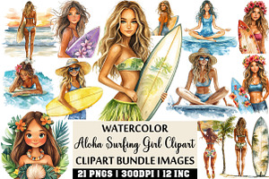 Aloha Surfing Girl Clipart Set, an Illustration by Craft Nest
