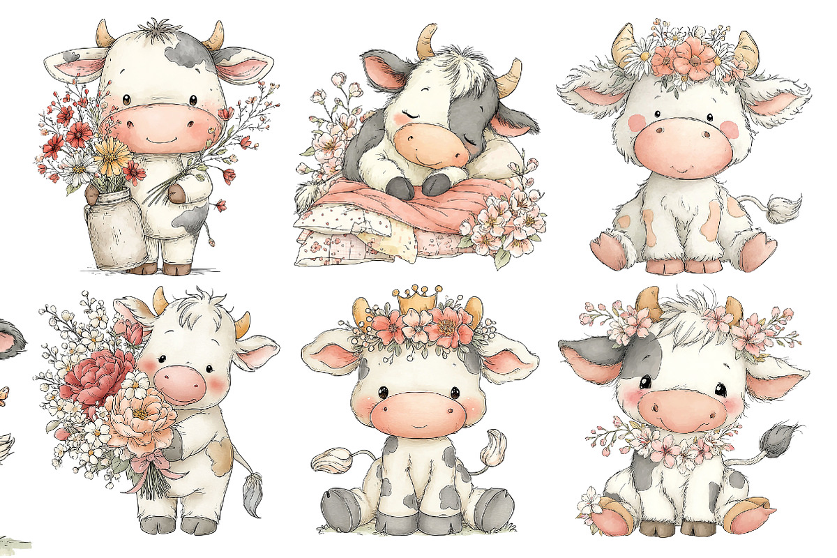 Watercolor Cute Cow Clipart, an Animal Illustration by Creative Art (Photo 2 of 7)